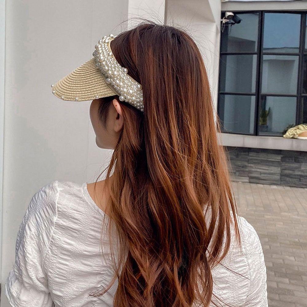 Wide Brim Sun Hat Pearl Decorated Straw Hat Imitation Pearl Beach Hat  UV Protection
