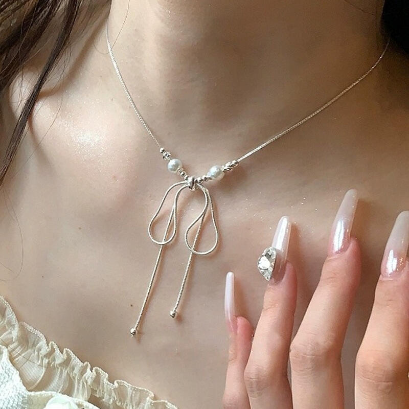 Caribbean Pearl Ribbon Knot Snake Chain Choker Necklace