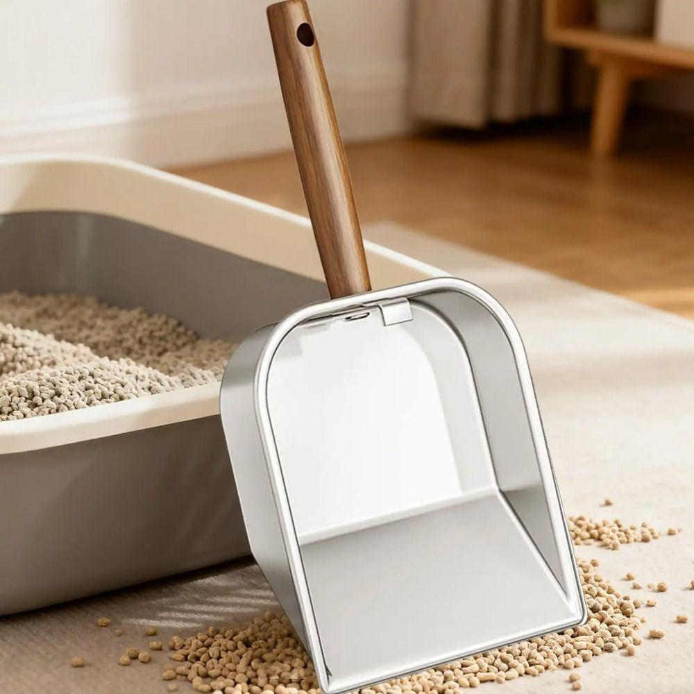 Stainless Steel Cat Litter Scoop Wooden Handle Long Handled Litter Box Shovel Large with Hanging Hook Pet Waste Picker