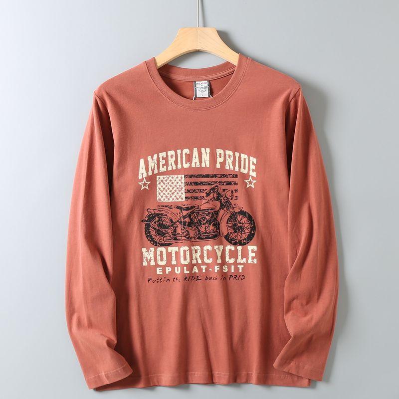 Original Foreign Trade Autumn and Winter Casual American Retro Print Simple Washed Loose Round Neck Long Sleeve T-Shirt Base Shirt for Men