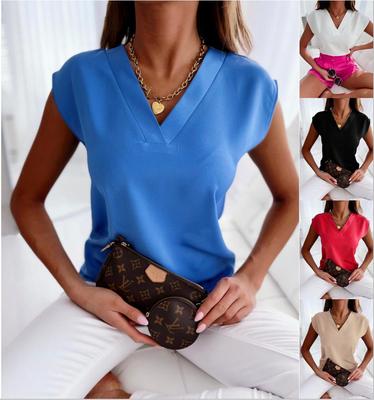 Summer Solid Color V-Neck Women's Short Sleeve Blouse