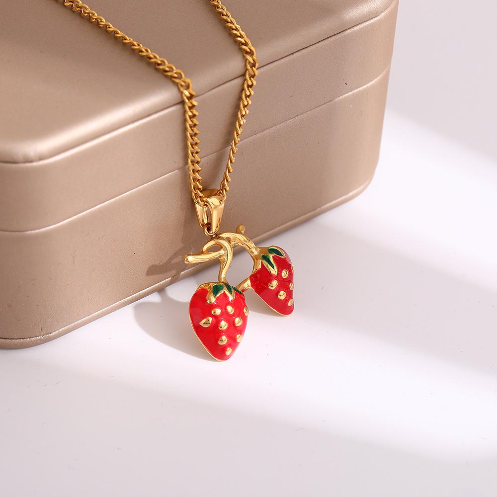 Stainless Steel Women's Strawberry Pendant Necklace with Enamel Finish and Multiple Chains