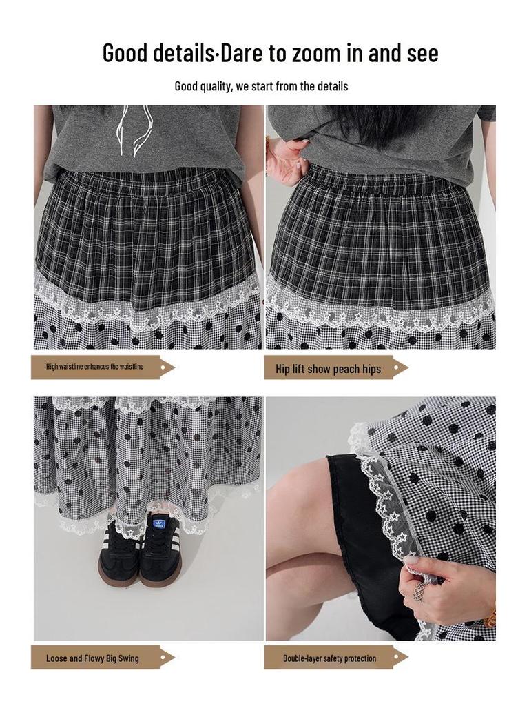 Jupe Midi en Dentelle à Pois Japonais: Ligne A, Étages, Doux, Style Collège pour la Garde-robe d'Été des Femmes