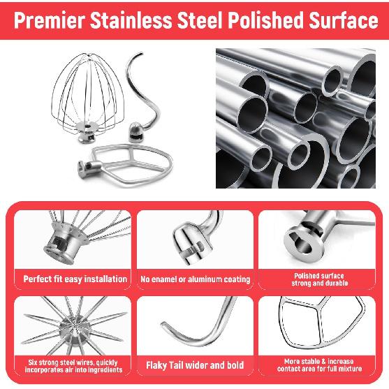 Kitchen Mixers Accessories for KitchenAid Mixer, 6 QT Dough Hook K256WW Wire Whip and Flat Blade Paddle Stainless Steel Attachments for Kitchen aid