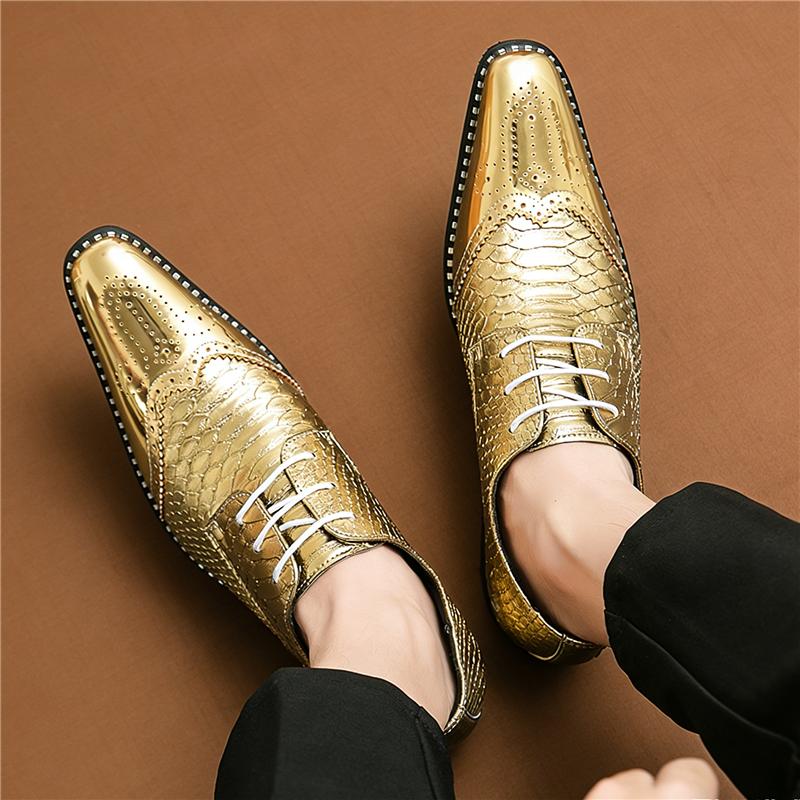 Luxury  Pointed Gold Patchwork Lace Up Brogues Shoes For Men Brand Designer Casual Loafers Formal Dress Footwear Zapatos Hombre