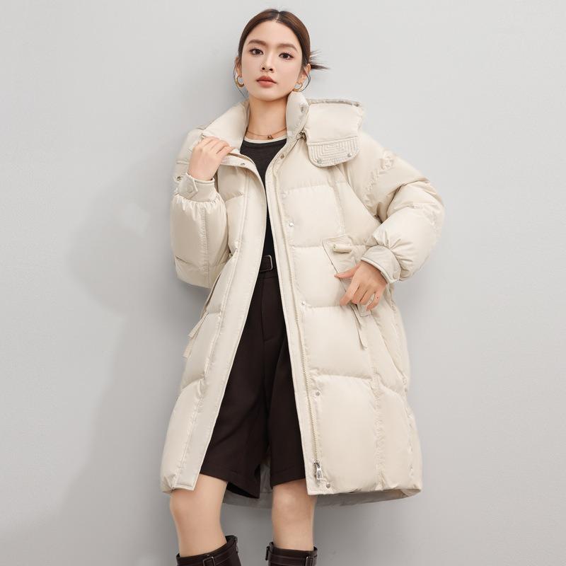 New Down Jacket Women's Winter Thermal Clothing Medium and Long Loose Duck Down Hooded Thermal Jacket Feeling