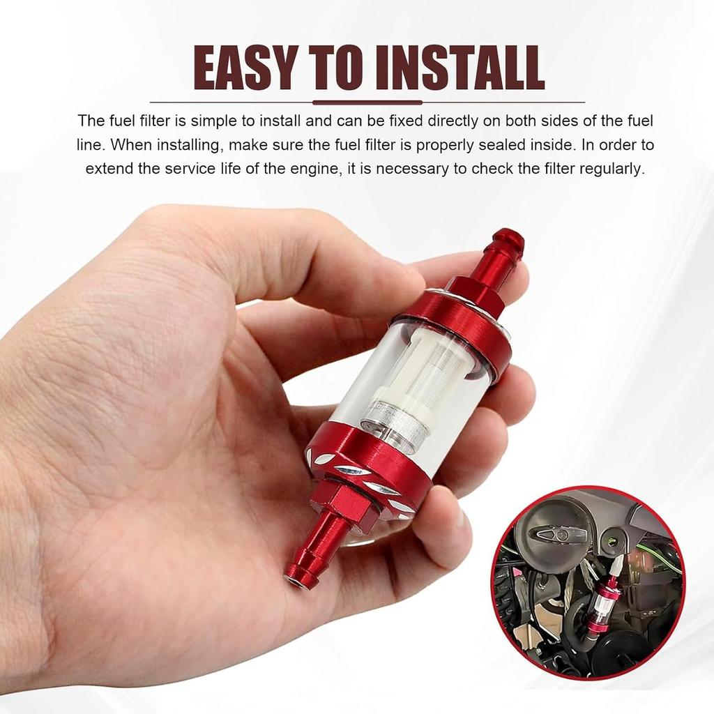 Motorcycles Fuel Filter, 1/4" Inline Fuel Filters, Transparent Tempered Glass Alloy Oil Filter Cup, Universal for ATV, Motorcycles, Dirt Bike (Red)