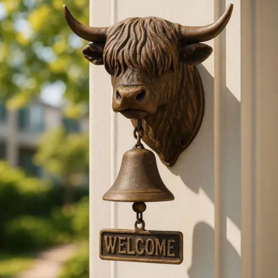 Highland Cow Head Doorbell with Welcome Sign Rustic Wall Mounted Resin Cow Hanging Bell Decor for Farmhouse Porch Entryway Kitchen
