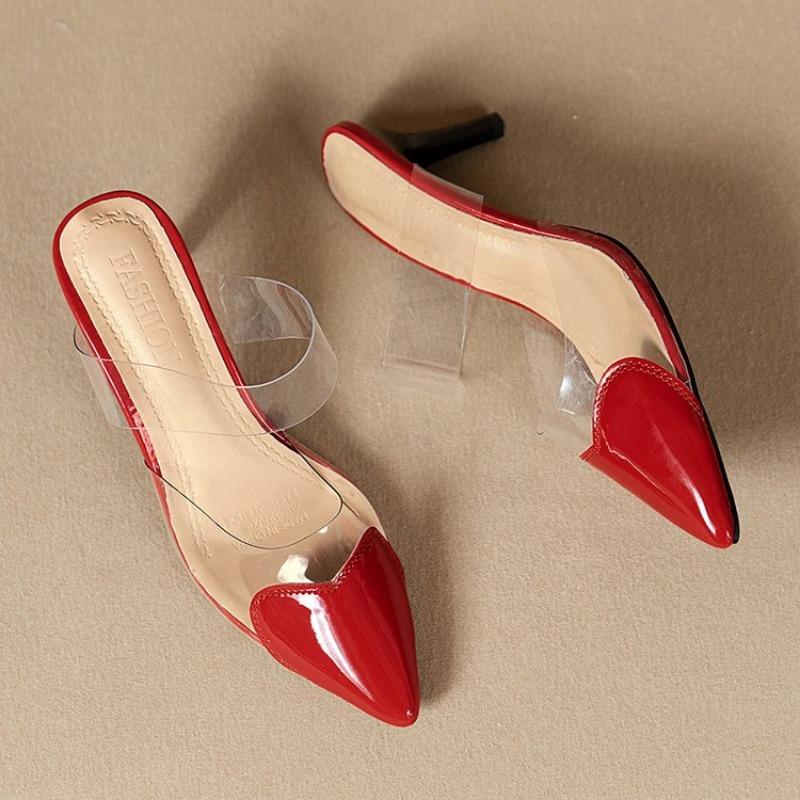 

Женские мюли из ПВХ с острым носком, без застежек, в стиле пэчворк, в виде сердечек, из лакированной кожи, элегантные, на тонком высоком каблуке, женские туфли-лодочки, сексуальные летние тапочки для вечеринок 35