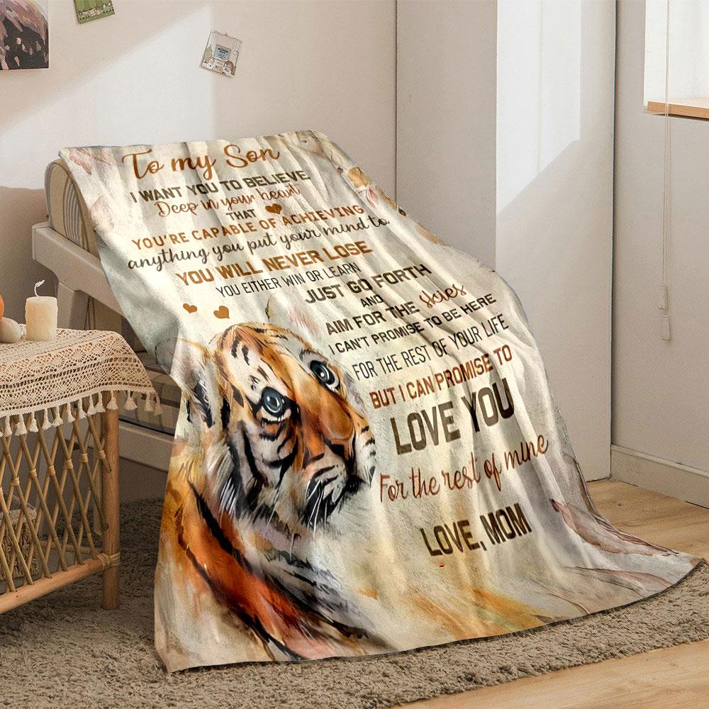 Mom's Love Inspirational Tiger Print Blanket for Son bedroom Blanket for Livingroom Couch lunch break Soft throw for Friend's festival Gift