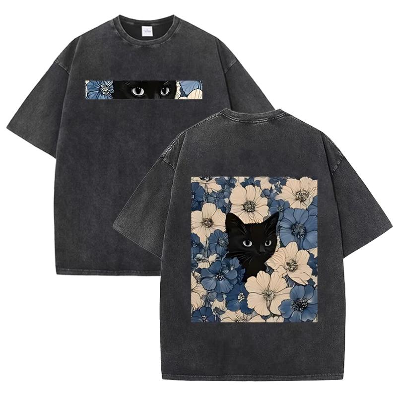 T-shirt Vintage Nera Lavata Gatto Floreale Stampa Double Face Streetwear Casual