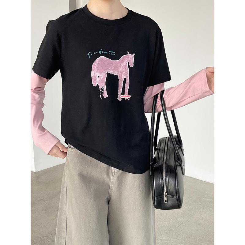 Taoguan Frühling Damen Schlankmachendes Rundhals-T-Shirt mit kleinem Pferdeaufdruck Two-in-One