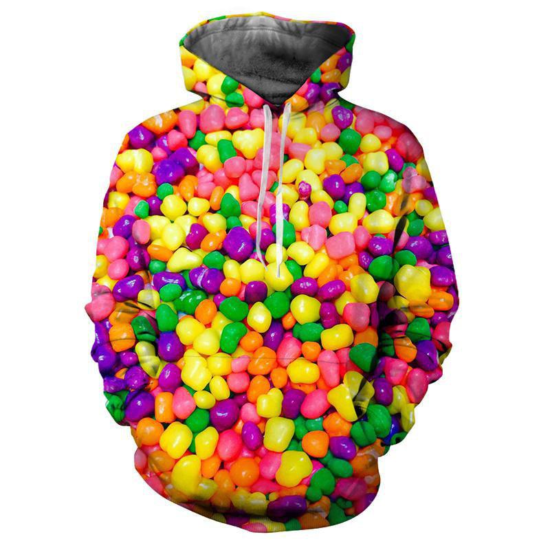 Rainbow Candy Bean Motif Fleece Hoodie, Thick Warm Pullover for Men, Autumn Winter Cute Dessert Art Sweatshirt for Weekend Hangout Trips