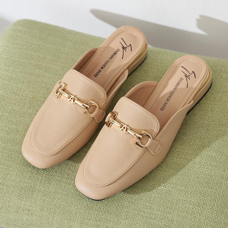 

2025 женские весенне-осенние новые корейская версия ретро средний каблук сумка голова тапочки женские толстый каблук уличная одежда полусабо женская обувь 40 хаки