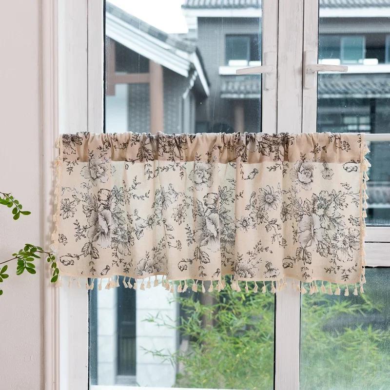 American European Vintage peony floral curtains For living room bedroom window linen curtain short Cabinet Curtain for Kitchen