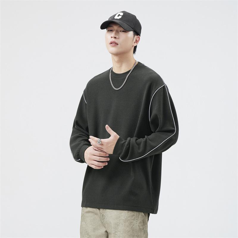 New Striped Texture Long Sleeve T-shirt Men s Autumn New Reflective Striped T-shirt Loose Round Neck Top M