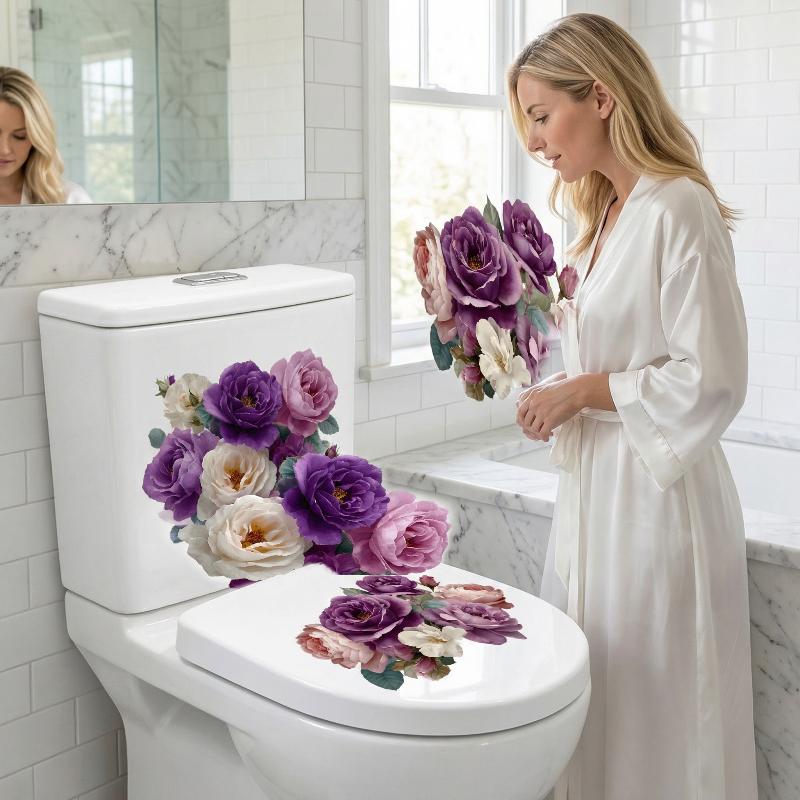 Toilet Wall Stickers Purple Pink Flower Design Self Adhesive Waterproof Bathroom Home DIY Decoration