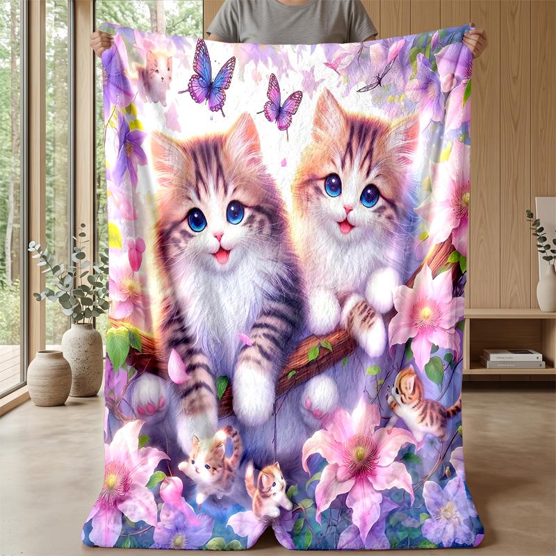 Kittens and Roses Romance Theme blanket Lightweight Warm Flannel Blanket Decorative Throw Blanket for Home Decoration