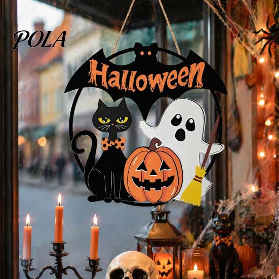 Durable Holiday Party Supplies Halloween Wood Hanging Ornament with Ghost Pumpkin Bat Cat Prints, And Ornaments Waterproof Front Door Sign for Indoor
