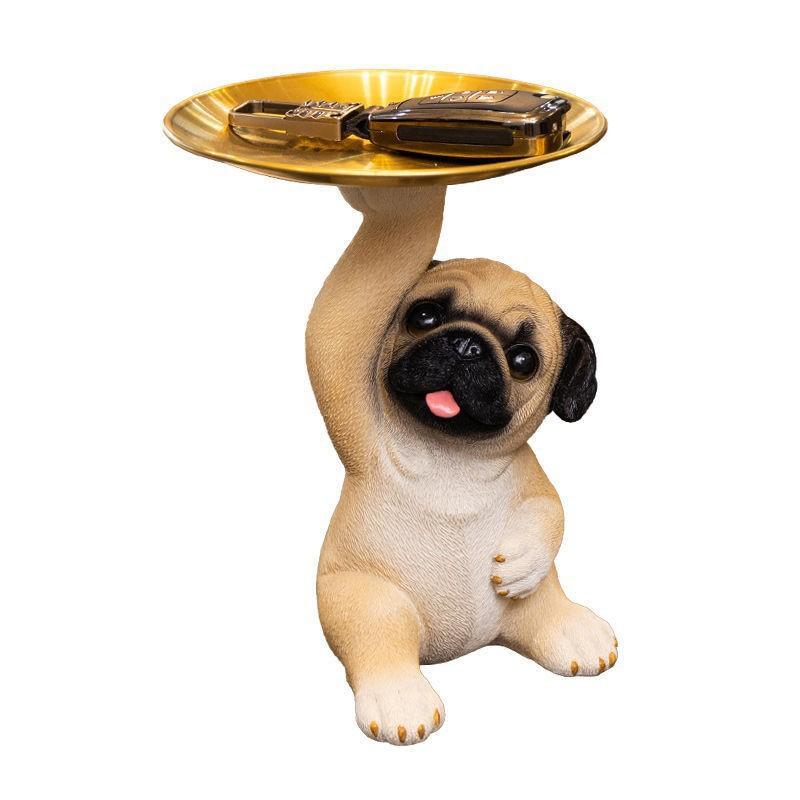 Creative Pug Statue Storage Tray Cute Dog Key Candy Snack Storage Plate Animal Sculpture Ornaments Office Tabletop Decor