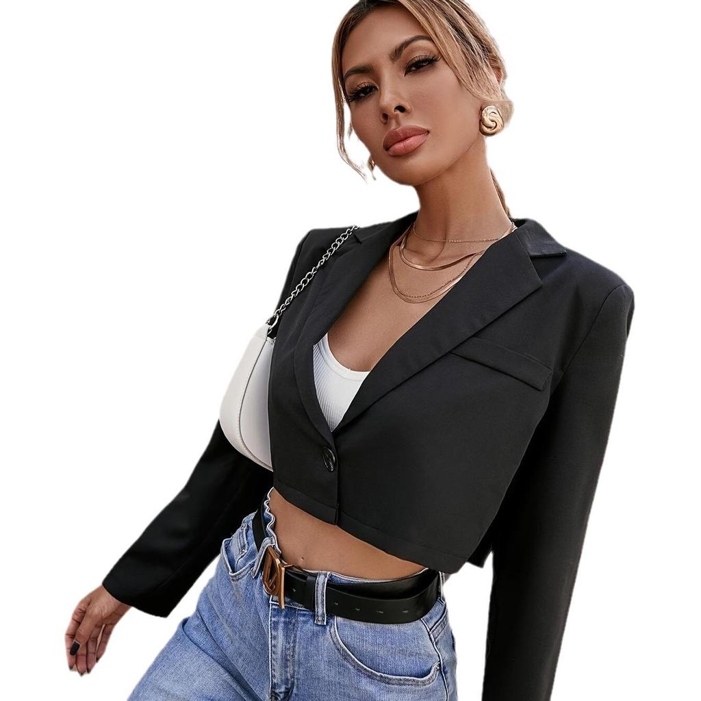 Black Suit Cropped Top - European American Women's Fashion, Hot Girl Slimming Belly Button Jacket