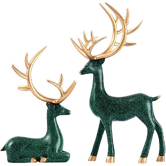 2Pcs Christmas Reindeer Figurines Decorations Resin Sitting & Standing Deer Statues Elk Figurine for Home Table Decor Wine Cabinet (Gold)