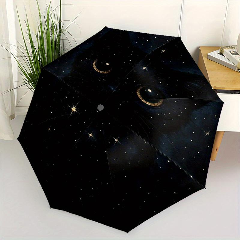 

Midnight Kitty, Celestial Feline Automatic Folding Umbrella 8 Ribs, Durable Iron Frame, Bright Color Pattern Compact Travel Umbrella, Suita