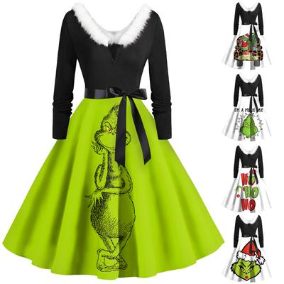 Vestido feminino casual e moderno com manga comprida e decote em V e zíper combinando