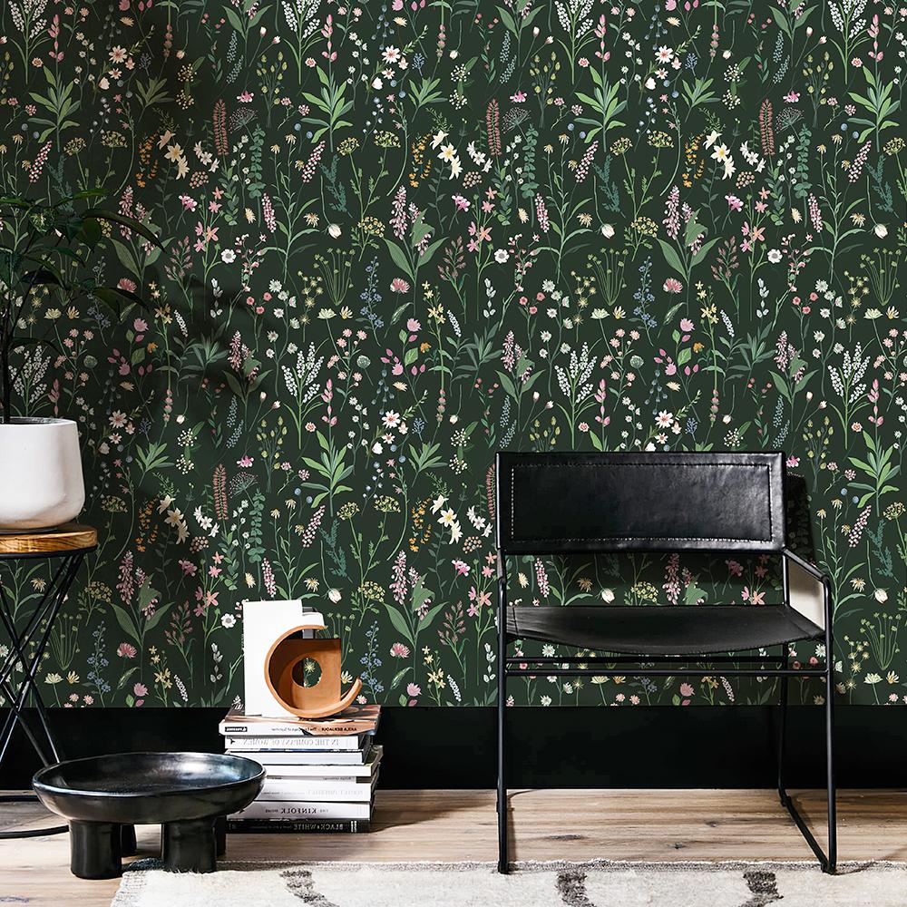 Papel de Parede Floral Preto Autoadesivo Papéis de Parede de Quarto de Flor Fofos Descascar Colar Impermeável PVC Adesivos de Móveis Decoração de Casa