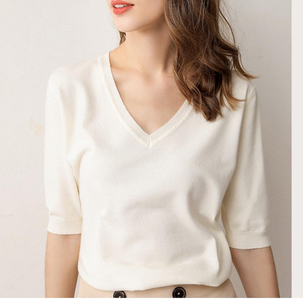 Fashion Women's Knitted V-neck Sweater Loose Bottoming Shirt T-shirt