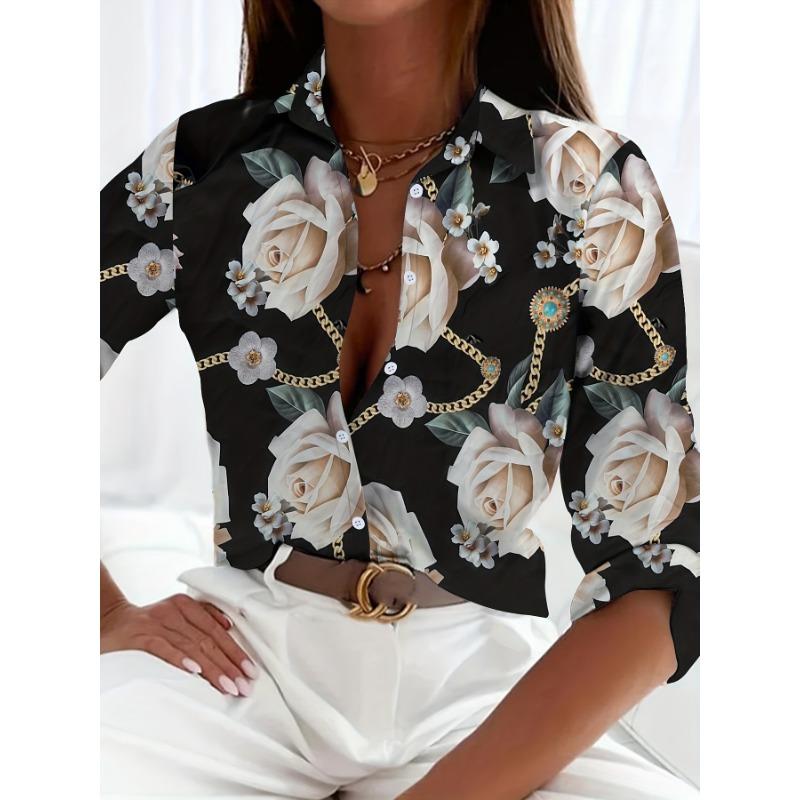 Fashion Women's Chain Flower Printed Shirt Women's Long Sleeve Tops Cotton Office Spring and Autumn Casual Loose Tops