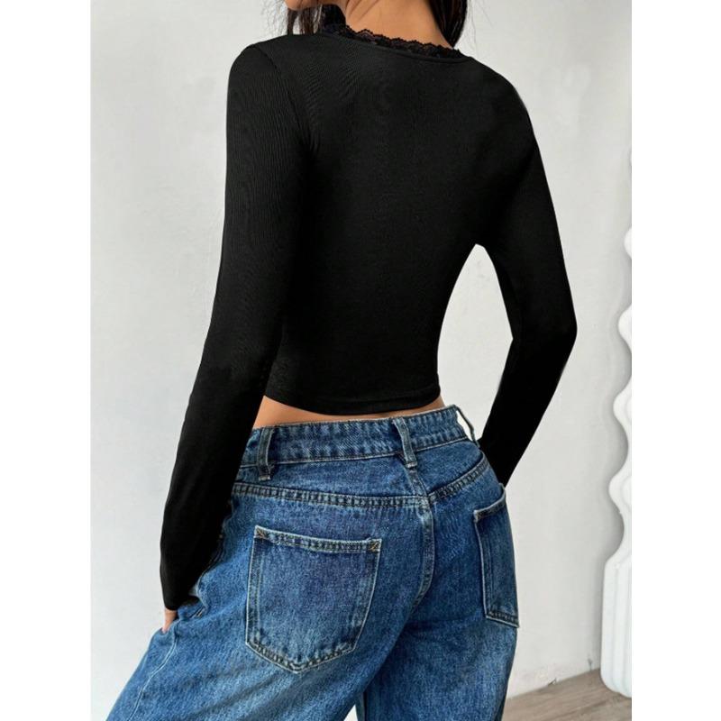 Women's Spring and Autumn Long-sleeved T-shirts Look Slim Slim Lace Patchwork Babes Top U-neck Base Shirt