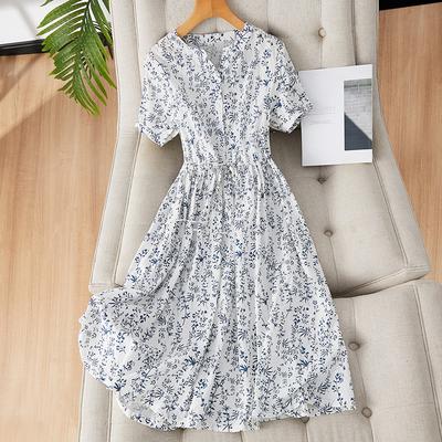 New Chinese Style Small Floral Pure Cotton Dress Women's Short-sleeved Summer New Elegant Temperament Medium and Long Dress