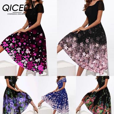 Sommer Damen Elegant Blumenmuster U-Ausschnitt Kurzarm Abendkleid