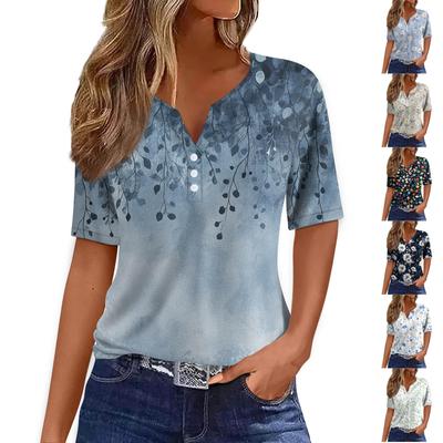 Women's T Shirt  Print Button Short Sleeve Daily Weekend Fashion Basic V- Neck Regular Top