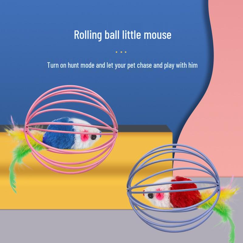 Cat Mouse Ball Toy Set: Spherical Cage, Rabbit Fur Mouse, Plush Ball, Teaser Stick, Tumbler Toy.
