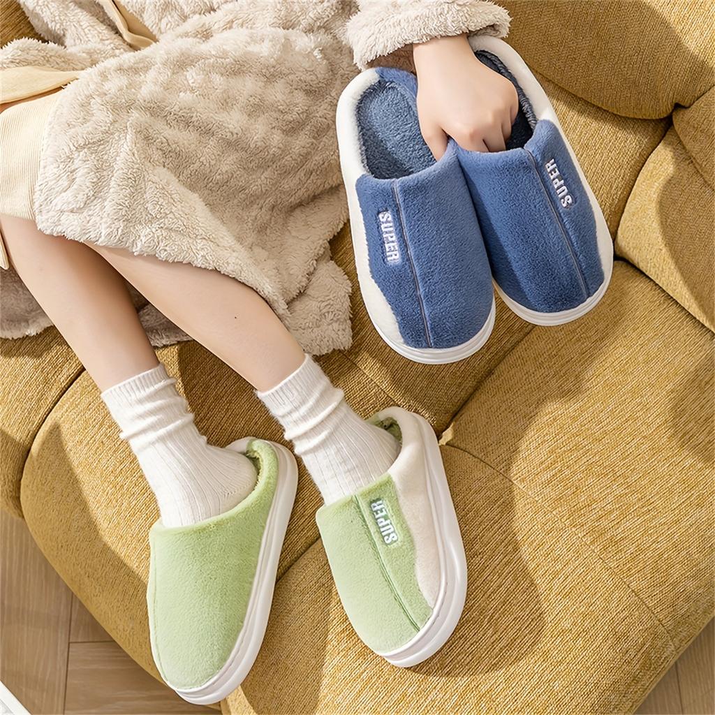 Cozy & Warm Women's Plush Embroidered Winter Slippers - Soft Sole, Fluffy Comfort Indoor Shoes, Two-Tone Design , Ideal for Home Bedroom Use