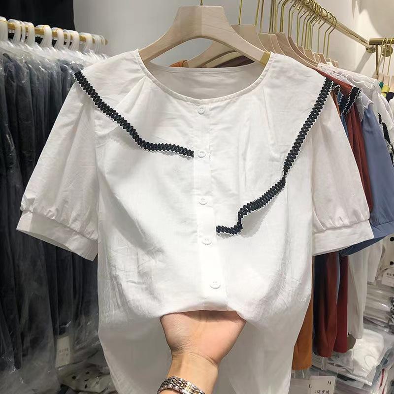 111% Pure Cotton Loose Shirt Women's 1116 Summer New Solid Color Round Neck Ruffle Edge Temperament Versatile Short-sleeved Shirt