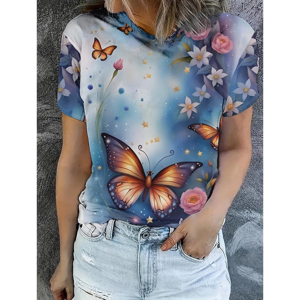 Sommermode Damen T-Shirt Schöne Blumen Stilvoll Bedruckt Lässig Kurzarm Rundhals T-Shirts Rundhals Reguläre Oberteile