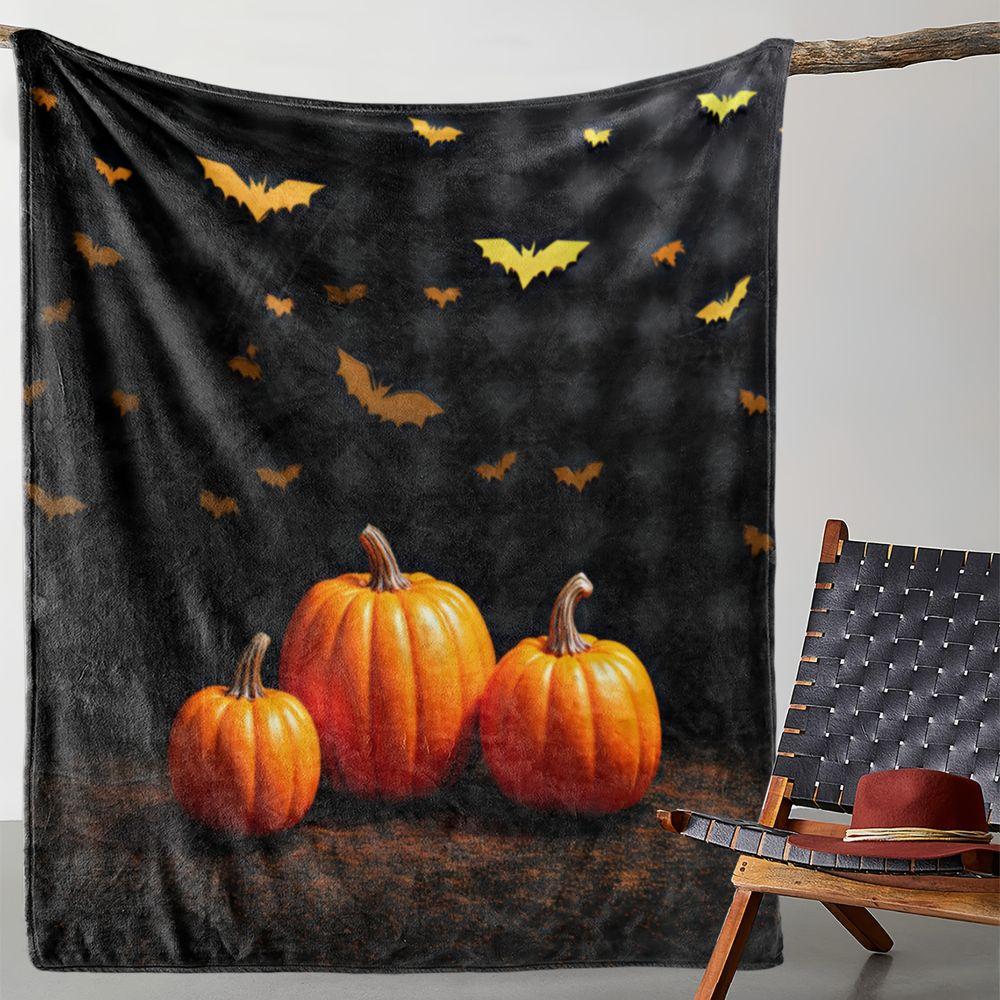 Autumn Pumpkin Bat Printed Flannel Throw Blanket Soft Plush Fleece Bed Sofa Cover,Cozy Decorative Warm Throw for Halloween Home Festival Decor