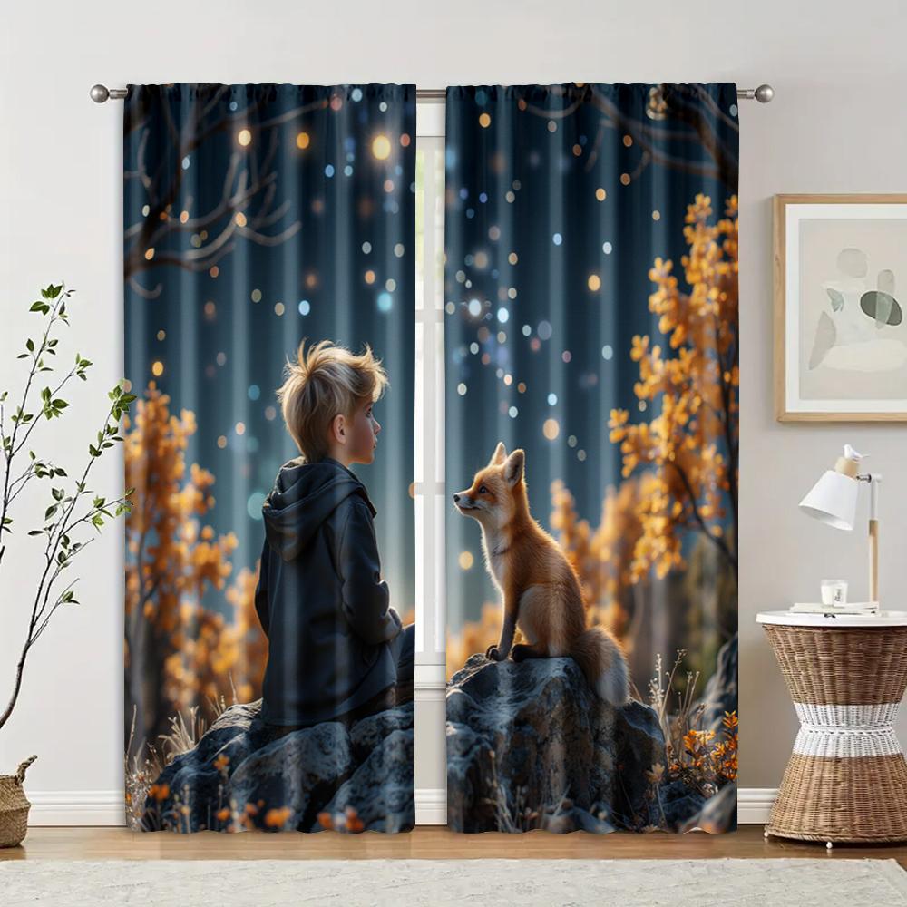 2 Pcs, Filtering Curtains (excluding Rods, Non-movable, Without Batteries) Boy & Little Fox for Use In Bedrooms and Living Rooms