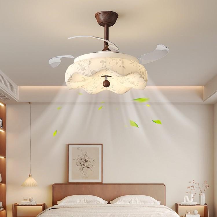 Vintage Song-Style Ceiling Fan Light with Printed Fabric Shade for Bedroom and Dining Room