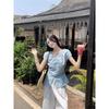 Kumikumi Sweet Style Set Blue Pleat Short sleeve Shirts Women Summer High Waist Slimming Wide Leg Pants Two-piece Set