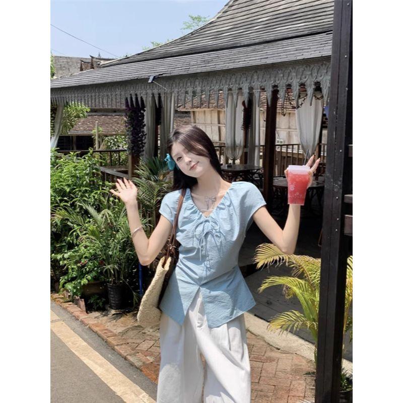 Kumikumi Sweet Style Set Blue Pleat Short sleeve Shirts Women Summer High Waist Slimming Wide Leg Pants Two-piece Set