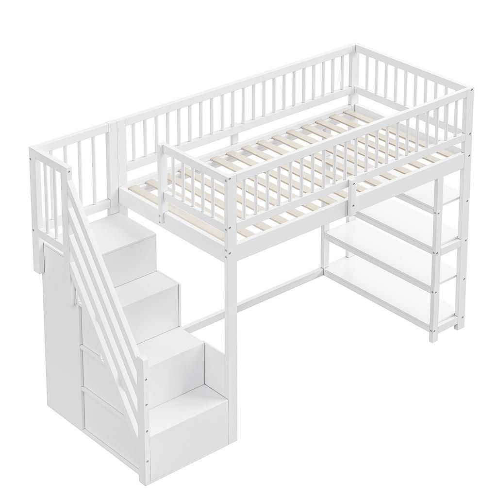 Loft Bed 90 x 200, High-Fence Safety Design with Wardrobe, Shelves and Storage with Safety Climbing Ladder, Multifunctional Bed, Solid Wood Bed, White