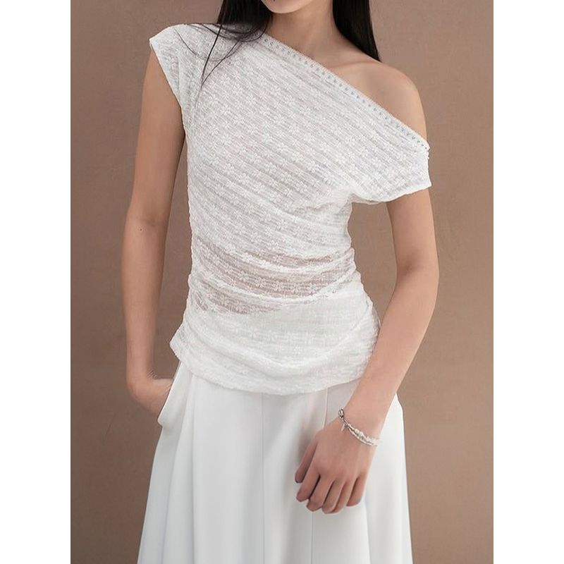 H Home European and American Women clothes French style Pure Desire Transparent Lace Sloping Shoulder Top Niche Leisure Solid Lace-up Short t-shirt
