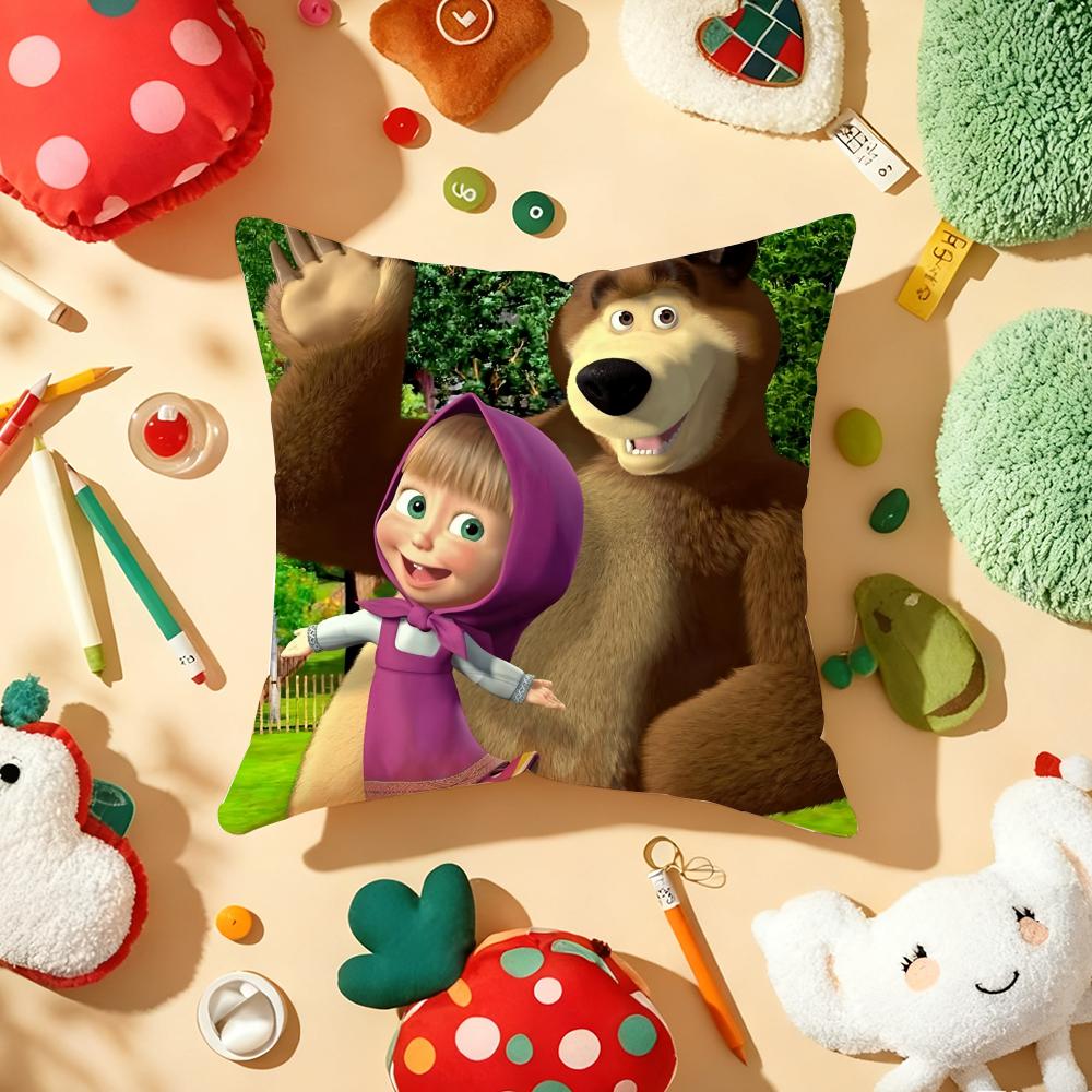 Anime MMasha And The Bear Cushion Cover Plush Fabric Soft DoubleSided Printed Sofa Warm Winter Home Gift Pillow Cover