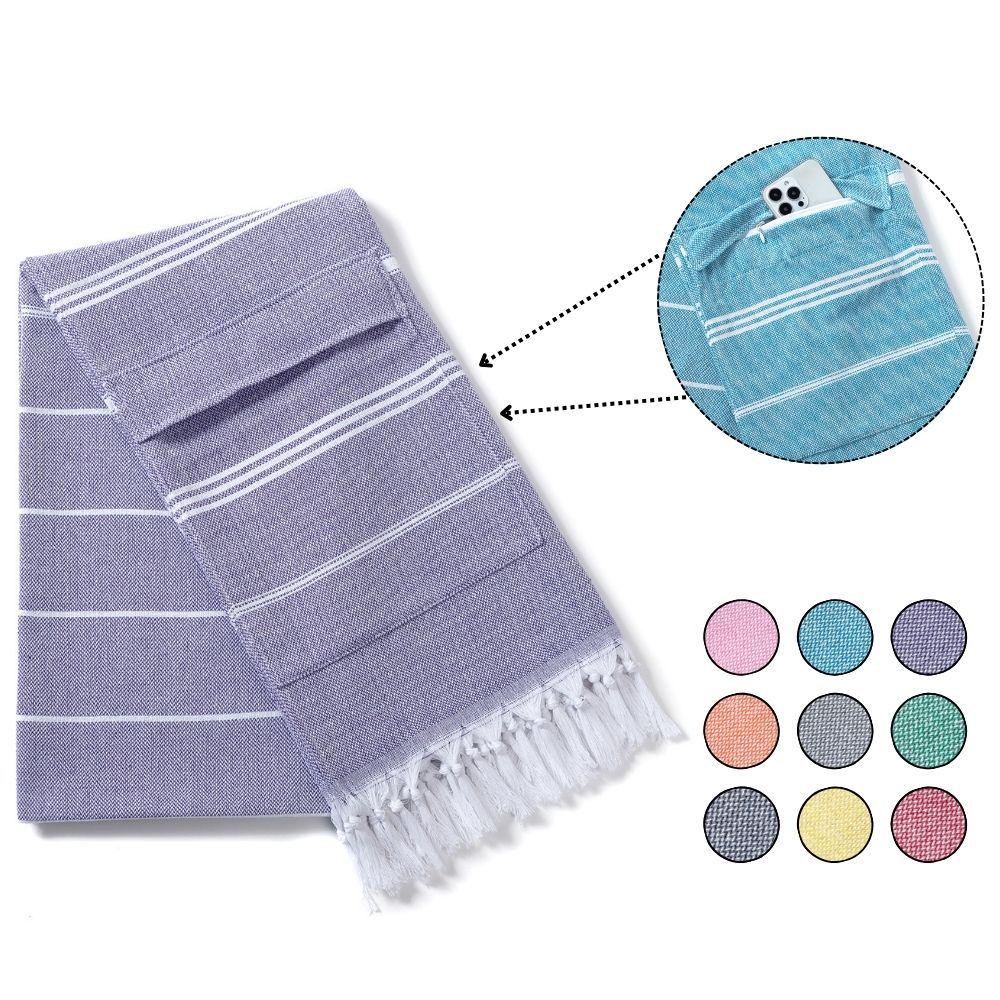 Cotton Striped Tassel Beach Towel with Invisible Zipper Pocket - Quick Dry & Absorbent