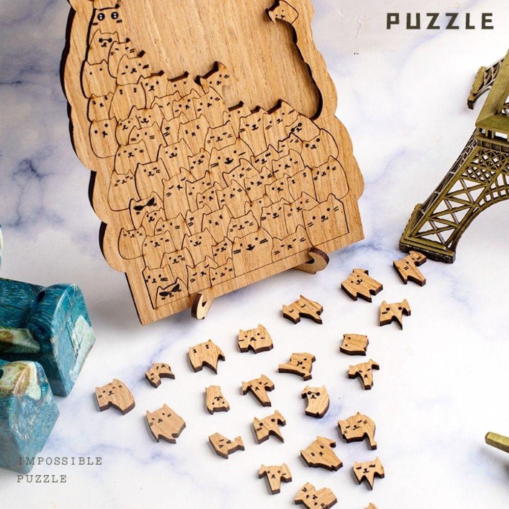 Children Adult Cat Shape Hundred Cat Puzzle Brain Teaser Challenging Wooden Jigsaw DIY Cartoon Animal Puzzle