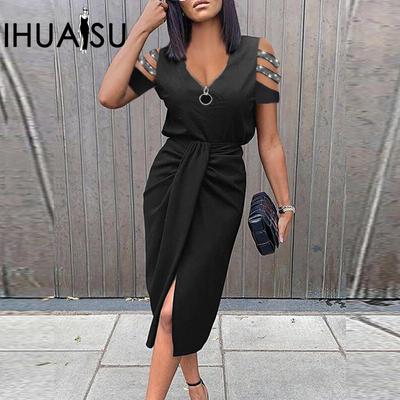 Vestito lungo da donna con cerniera tinta unita, plissettato, a maniche corte, con scollo a V